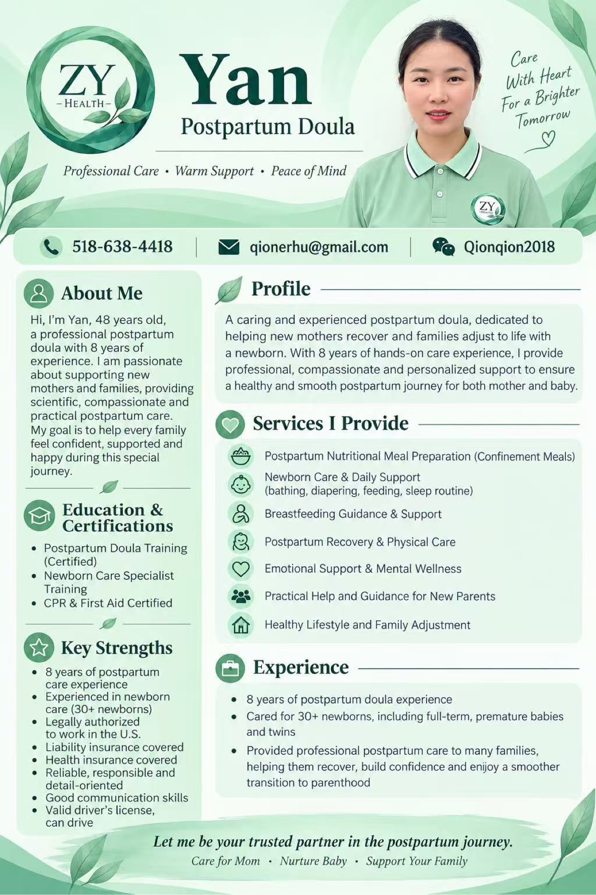 Full professional profile poster for Yan, postpartum doula